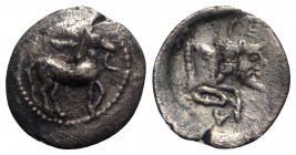 Sicily, Gela, c. 465-450 BC. AR Litra (11mm, 0.59g, 5h). Horse advancing r.; wreath above. R/ Forepart of man-headed bull r. Jenkins, Gela, Group III;...
