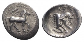 Sicily, Gela, c. 465-450 BC. AR Litra (12mm, 0.79g, 10h). Horse advancing r.; wreath above. R/ Forepart of man-headed bull r. Jenkins, Gela, Group III...