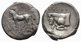 Sicily, Gela, c. 420-415 BC. AR Tetradrachm (24mm, 16.65g, 3h). Charioteer driving walking quadriga l.; above, Nike flying r., crowning charioteer; in...