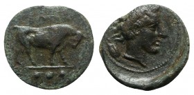 Sicily, Gela, c. 420-405 BC. Æ Tetras or Trionkion (15mm, 3.19g, 1h). Bull standing r.; leaf above. R/ Horned head of Gelas r. CNS III, 18; SNG ANS 11...