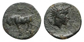 Sicily, Gela, c. 420-405 BC. Æ Onkia (11mm, 0.97g, 6h). Bull standing l.; barley-grain above. R/ Horned head of Gelas r.; barley-grain behind. CNS III...