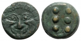 Sicily, Himera, c. 425-409 BC. Æ Hemilitron or Hexonkion (24mm, 16.03g). Gorgoneion. R/ Six pellets (mark of value). CNS I, 16; HGC 2, 472. Green pati...