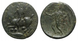 Sicily, Himera, c. 425-409 BC. Æ Tetras (16mm, 2.02g, 12h). Nude rider on a goat l., blowing into conch; three pellets and wheat grain below. R/ Nike ...