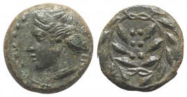 Sicily, Himera, c. 420-407 BC. Æ Hemilitron (14mm, 4.04g, 3h). Head of nymph l.; six pellets before. R/ Six pellets within wreath. CNS I, 35; SNG ANS ...