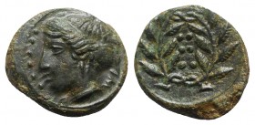 Sicily, Himera, c. 420-407 BC. Æ Hemilitron (17mm, 4.21g, 10h). Head of nymph l.; six pellets before. R/ Six pellets within wreath. CNS I, 35; SNG ANS...