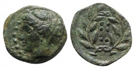 Sicily, Himera, c. 420-407 BC. Æ Hemilitron (16mm, 3.64g, 11h). Head of nymph l.; six pellets before. R/ Six pellets within wreath. CNS I, 35; SNG ANS...