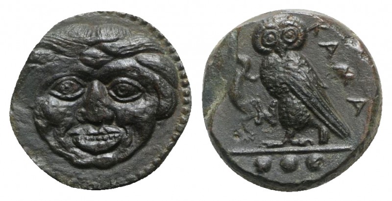 Sicily, Kamarina, c. 420-410 BC. Æ Tetras (14mm, 3.00g, 6h). Gorgoneion. R/ Owl ...