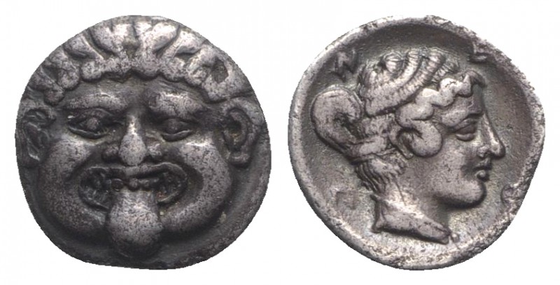 Macedon, Neapolis, c. 424-350 BC. AR Hemidrachm (12mm, 1.71g, 2h). Facing gorgon...