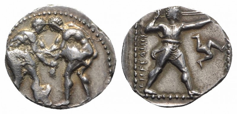 Pamphylia, Aspendos, c. 420-410 BC. AR Stater (22mm, 11.00g, 6h). Two wrestlers ...