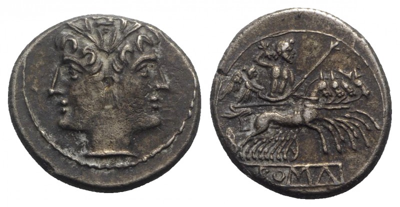 Anonymous, Rome, c. 225-212 BC. AR Quadrigatus (20mm, 6.02g, 9h). Laureate head ...