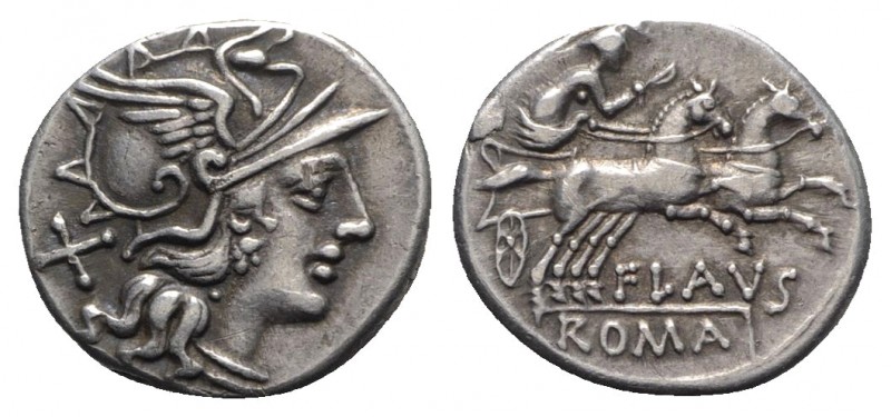 Decimius Flavus, Rome, 150 BC. AR Denarius (18mm, 3.88g, 6h). Helmeted head of R...