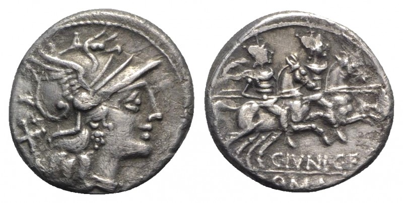 C. Junius C.f., Rome, 149 BC. AR Denarius (17.5mm, 3.78g, 12h). Helmeted head of...