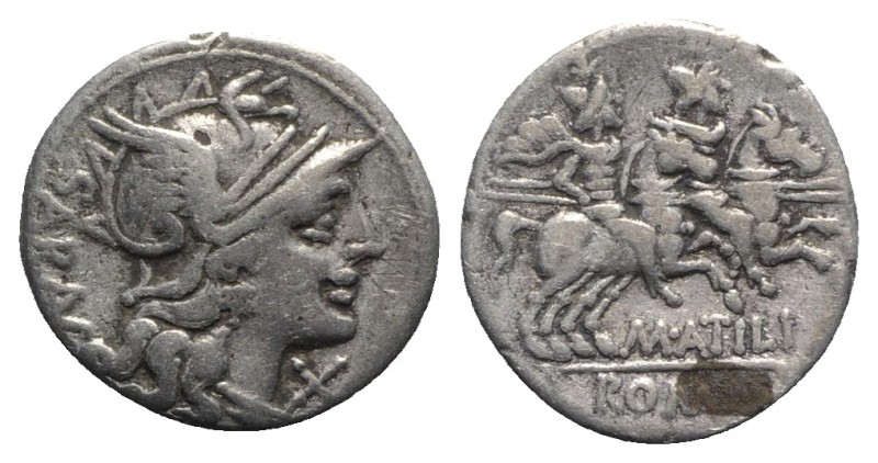 M. Atilius Saranus, Rome, 148 BC. AR Denarius (18.5mm, 3.77g, 3h). Helmeted head...