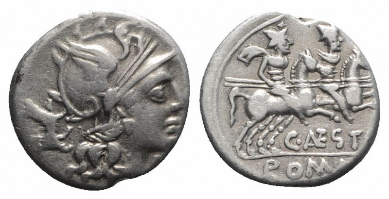 C. Antestius, Rome, 146 BC. AR Denarius (17mm, 3.94g, 6h). Helmeted head of Roma...