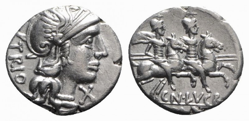 Cn. Lucretius Trio, Rome, 136 BC. AR Denarius (17mm, 3.82g, 6h). Helmeted head o...