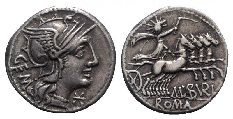 M. Aburius M.f. Geminus, Rome, 132 BC. AR Denarius (19.5mm, 3.92g, 3h). Helmeted...