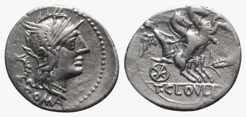 T. Cloelius, Rome, 128 BC. AR Denarius (21mm, 3.83g, 12h). Helmeted head of Roma...