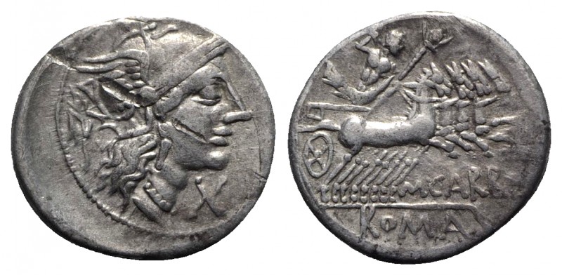 M. Papirius Carbo, Rome, 122 BC. AR Denarius (20mm, 3.85g, 1h). Helmeted head of...