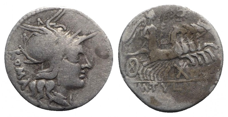 M. Tullius, Rome, 119 BC. AR Denarius (19.5mm, 3.78g, 3h). Helmeted head of Roma...