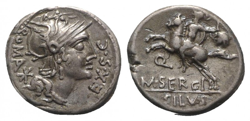 M. Sergius Silus, Rome, 116-115 BC. AR Denarius (17.5mm, 3.92g, 3h). Helmeted he...