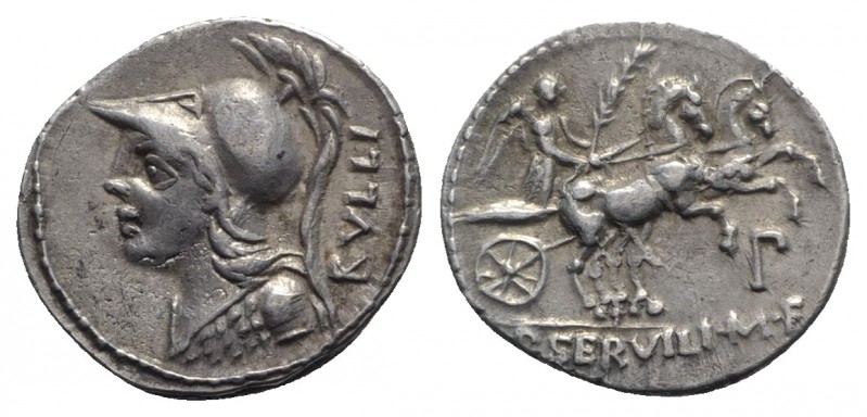 P. Servilius M.f. Rullus, Rome, 100 BC. AR Denarius (20mm, 3.91g, 6h). Helmeted ...