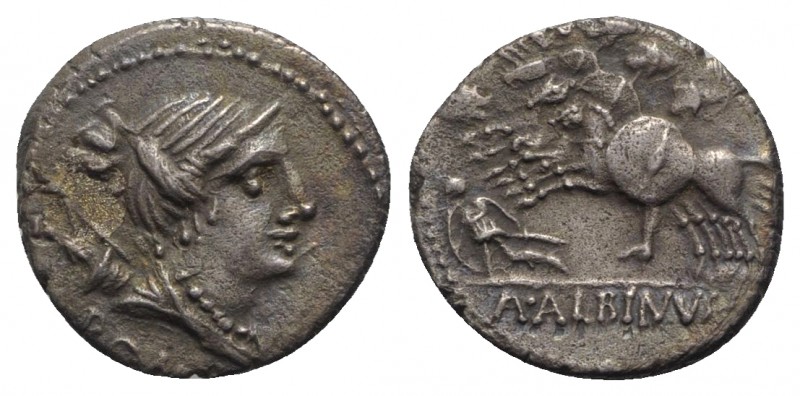 A. Albinus Sp.f., Rome, 96 BC. AR Denarius (18mm, 3.74g, 5h). Bust of Diana r.; ...