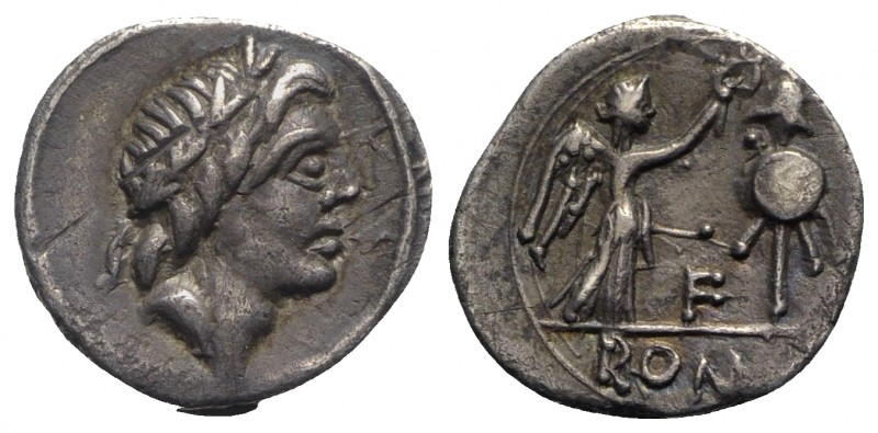 Anonymous, Rome, 81 BC. AR Quinarius (13mm, 1.71g, 1h). Laureate head of Apollo ...