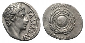 Augustus (27 BC-AD 14). AR Denarius (18mm, 3.67g, 3h). Spain (Colonia Patricia?), 19-18 BC. Bare head r. R/ S • P • Q • R/CL • V in two lines inscribe...