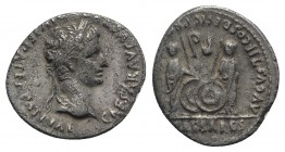Augustus (27 BC-AD 14). AR Denarius (20.5mm, 3.57g, 5h). Lugdunum, 2 BC-AD 12. Laureate head r. R/ Caius and Lucius Caesars standing facing, holding s...