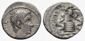 Augustus (27 BC-AD 14). AR Quinarius (13mm, 1.79g, 6h). Uncertain Italian or Ephesus, 29-8 BC. Bare head r. R/ Victory standing l. on cista mystica, h...