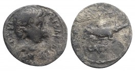 Augustus (27 BC-AD 14). AR Denarius (19.5mm, 3.02g, 9h). Uncertain mint (Pergamum?), 28 BC. Bare head r.; [small capricorn below neck]. R/ Crocodile s...