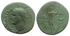 Agrippa (died 12 BC). Æ As (29mm, 10.64g, 6h). Rome, AD 37-41. Head l., wearing rostral crown. R/ Neptune standing l., holding small dolphin and tride...