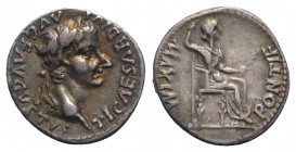 Tiberius (14-37). AR Denarius (18mm, 3.76g, 9h). “Tribute Penny” type, Lugdunum, 36-7. Laureate head r. R/ Livia (as Pax) seated r., holding sceptre a...