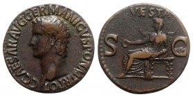 Germanicus (died AD 19). Æ As (28mm, 10.15g, 6h). Rome. Bare head l. R/ Vesta seated l., holding patera and sceptre. RIC I 38. Brown patina, Good VF