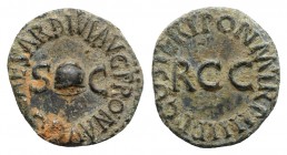 Gaius (Caligula, 37-41). Æ Quadrans (16mm, 2.77g, 6h). Rome, 40-1. Pileus between S-C. R/ Large RCC. RIC I 52. Green patina, VF