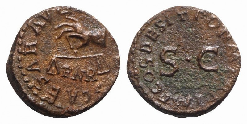 Claudius (41-54). Æ Quadrans (15mm, 3.02g, 12h). Rome, AD 42. Hand l., holding s...