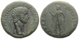 Claudius (41-54). Æ Sestertius (33.5mm, 26.49g, 12h). Rome, 41-2. Laureate head r. R/ Spes advancing l., holding flower and raising hem of skirt; c/m ...