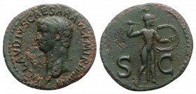 Claudius (41-54). Æ As (30mm, 10.14g, 6h). Rome. Bare head l. R/ Minerva standing r., brandishing javelin and holding shield on l. arm. RIC I 116. Rou...