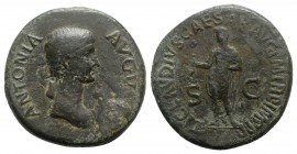 Antonia Minor (Augusta, AD 37 and 41). Æ Dupondius (31mm, 15.39g, 6h). Rome, AD 41-2. Draped bust r. R/ Claudius standing l., holding simpulum and vol...