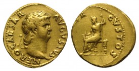 Nero (54-68). AV Aureus (19mm, 7.49g, 6h). Rome, c. 64-5. Laureate head r. R/ Jupiter seated l., holding sceptre and thunderbolt. RIC I 52; Calicó 412...