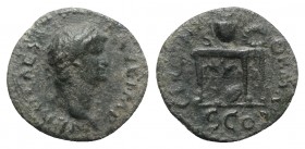 Nero (54-68). Æ Semis (17mm, 2.28g, 6h). Rome, AD 64. Laureate head r. R/ Table, seen from front and r., bearing urn and wreath, flanking S (mark of v...