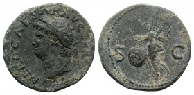 Nero (54-68). Æ As (28mm, 10.38g, 6h). Rome, AD 65. Laureate head l. R/ Victory advancing l., holding shield inscribed S P Q R. RIC I 313. Green patin...