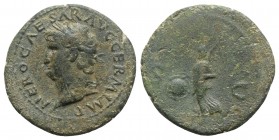 Nero (54-68). Æ As (30mm, 11.32g, 6h). Rome, AD 65. Laureate head l. R/ Victory advancing l., holding shield inscribed S P Q R. RIC I 313. Green patin...