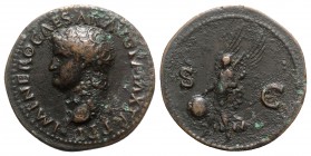 Nero (54-68). Æ As (30mm, 11.39g, 6h). Lugdunum, AD 66. Bare head l. R/ Victory advancing l., holding shield inscribed SPQR. RIC I 544. Good Fine