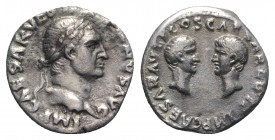 Vespasian with Titus and Domitian as Caesares (69-79). AR Denarius (17mm, 3.13g, 6h). Rome, AD 70. Laureate head of Vespasian r. R/ Bare heads of Titu...