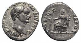 Vespasian (69-79). AR Denarius (17mm, 2.94g, 6h). Rome, AD 70. Laureate head r. R/ Pax seated l., holding branch and caduceus. RIC II 29; RSC 94h. Abo...