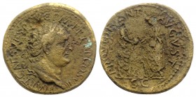Titus with Divus Vespasian (79-81). Æ Sestertius (34mm, 23.58g, 6h). Rome, 80-1. Laureate head r. R/ Divus Vespasian and Titus standing facing each ot...