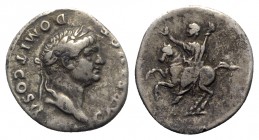 Domitian (Caesar, 69-81). AR Denarius (19mm, 3.17g, 1h). Rome, 73-5. Laureate head r. R/ Domitian on horseback, rearing l., raising hand and holding s...