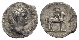 Domitian (Caesar, 69-81). AR Denarius (18mm, 3.04g, 6h). Rome, 76-7. Laureate head r. R/ Pegasus standing r. RIC II 921 (Vespasian); RSC 47. Near VF
