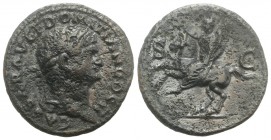 Domitian (Caesar, 69-81). Æ As (27mm, 7.95g, 6h). Rome, AD 72. Laureate head r. R/ Domitian on horseback galloping l., holding human-headed sceptre in...